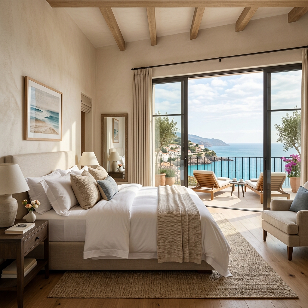 Chambre principale lumineuse avec ouverture sur terrasse mer