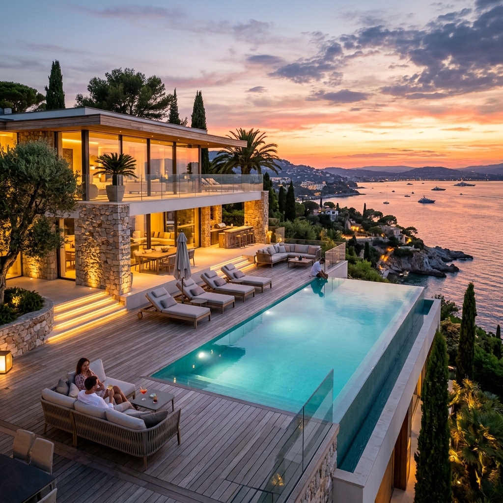 Villa Seréna vue extérieure avec piscine au coucher de soleil