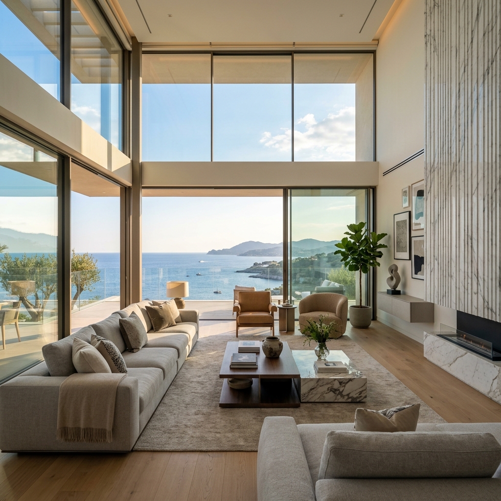Salon intérieur luxueux de la Villa Seréna avec de grandes baies vitrées