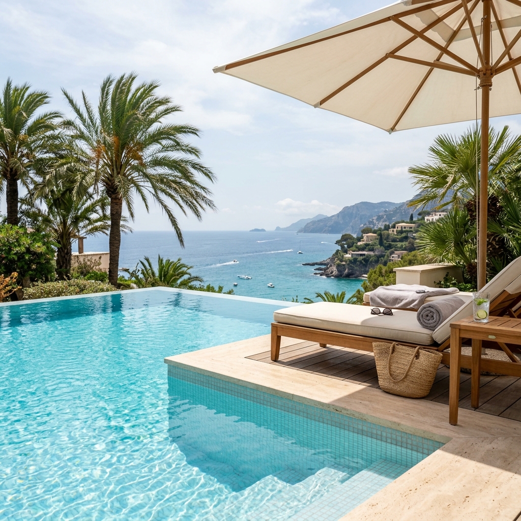 Piscine à débordement de la villa sous le soleil d'été